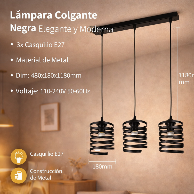 Lámpara Colgante Negra 3XE27180x1180mm Modernidad y Elegancia.