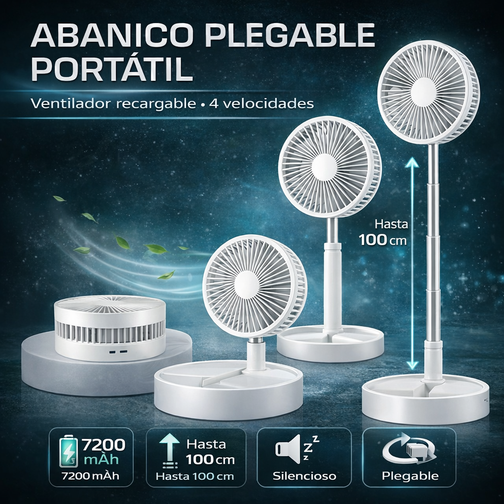 Abanico plegable portátil. Ventilador recargable de 4 velocidades. Color blanco. (Unidad).