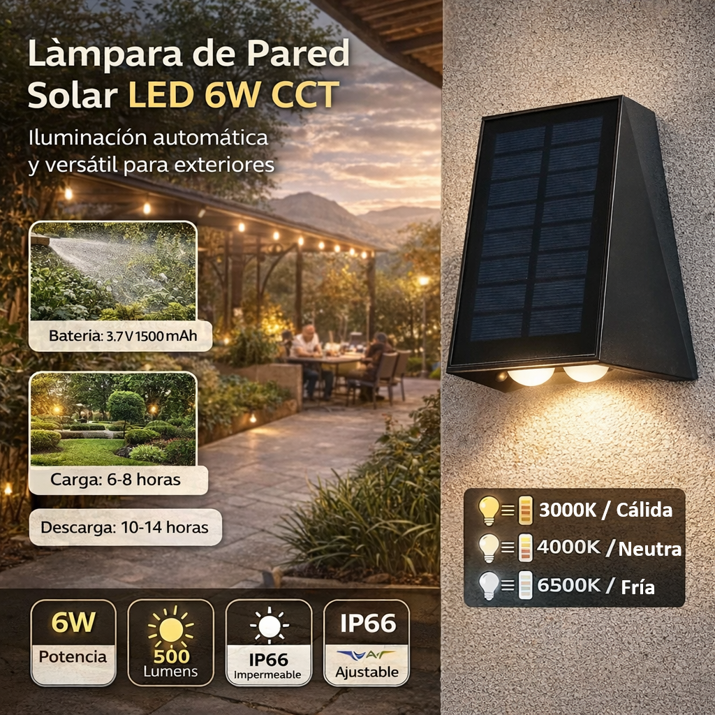 Lámpara de pared solar LED 6W 500lm, 3000K ,4000K, 6500K, 160x120x85mm. Batería 3.7V/1500mAh. Luz solar para exteriores.