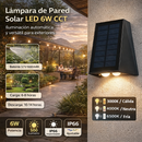 Lámpara de pared solar LED 6W 500lm, 3000K ,4000K, 6500K, 160x120x85mm. Batería 3.7V/1500mAh. Luz solar para exteriores.
