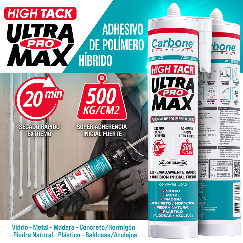High Tack CARBONE ULTRA PROMAX Agarre inicial INMEDIATO 500 kg/m2 Viscosidad adherencia y resistencia alta BLANCO 290ml.