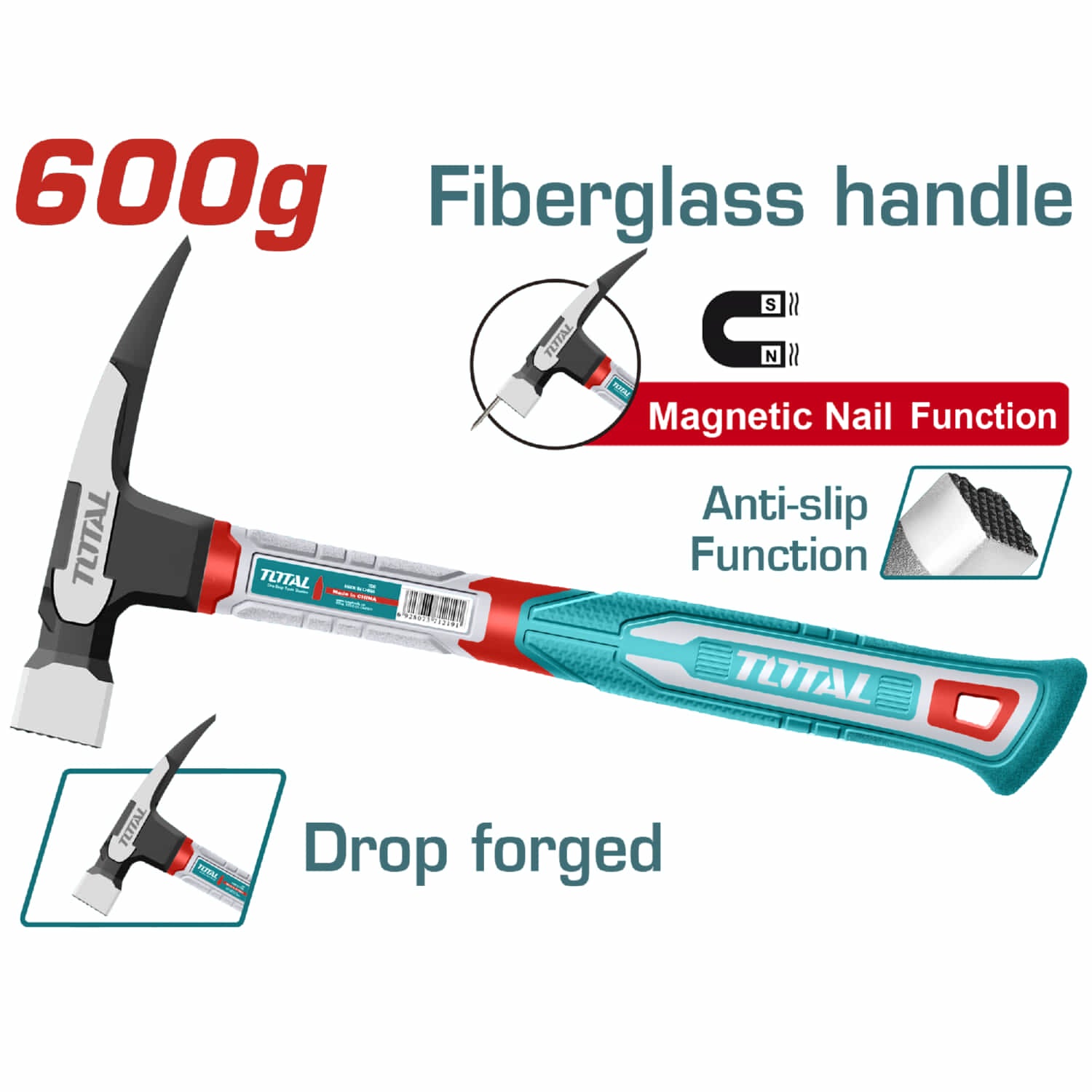 Martillo Para Techo 600g. Magnético. Acero al carbono #45. Mango Fibra de Vidrio.