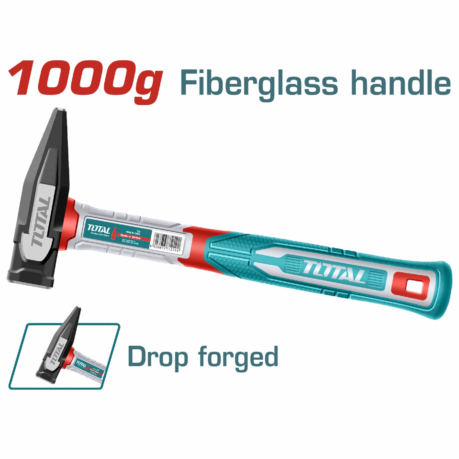 Martillo forjado,Tratamiento térmico, Acero #45  Mango fibra vidrio. 1000g.