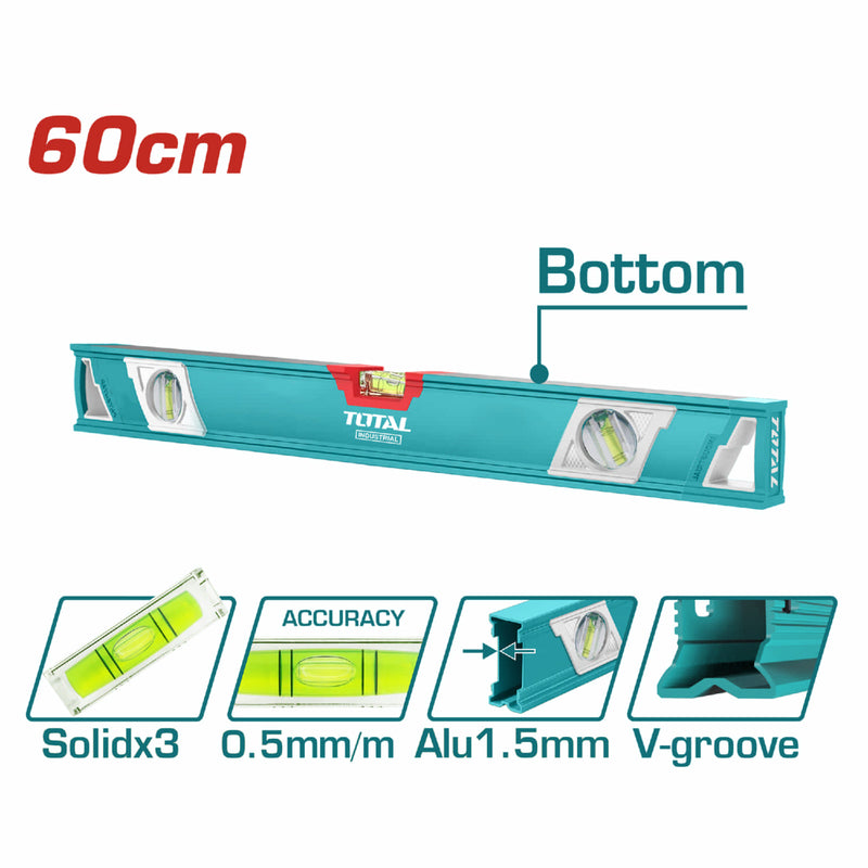 Nivel de Burbuja en forma de V para Objetos Cilindricos 60 cm. Espesor del Aluminio 1.5 mm.