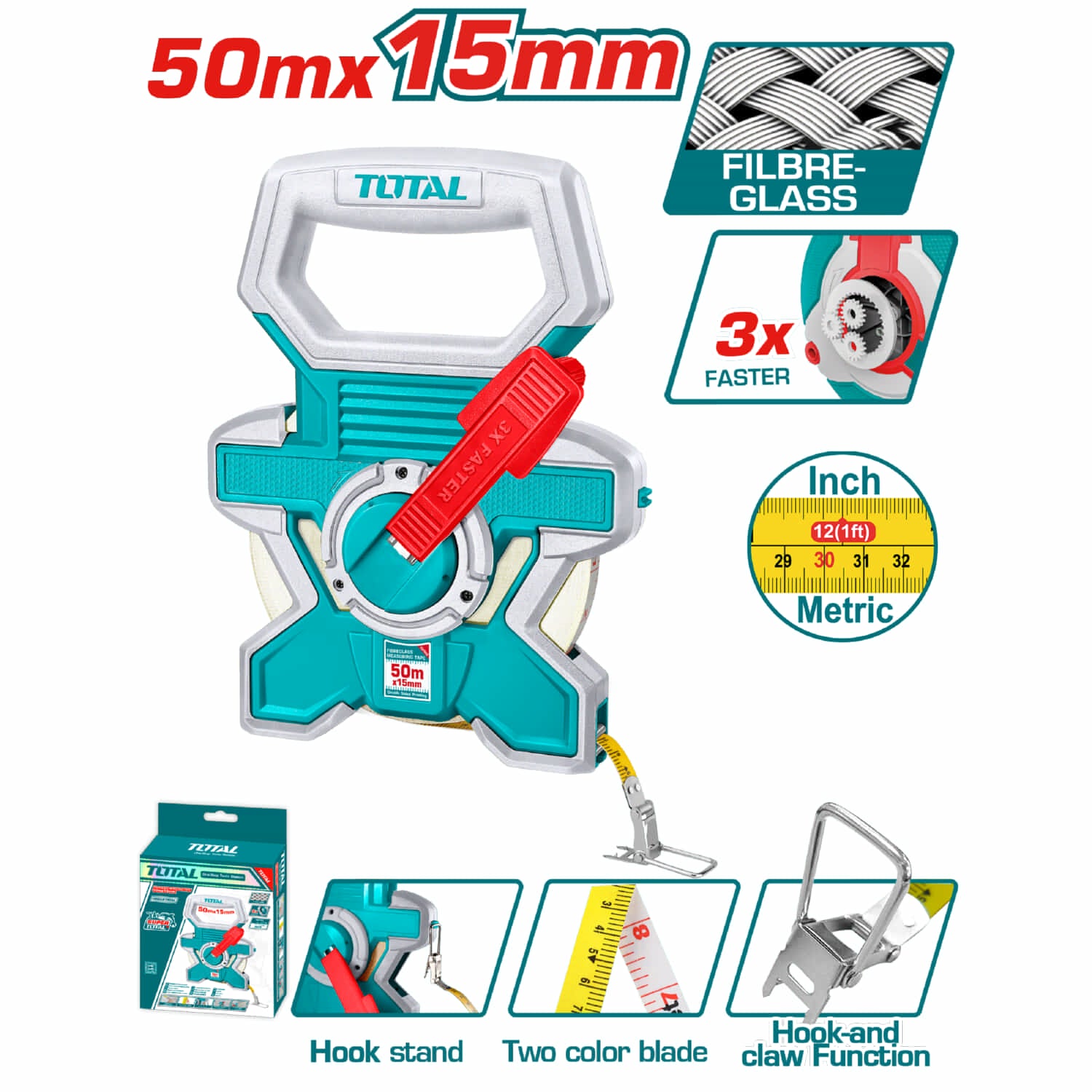Cinta métrica de fibra de vidrio 50 mts x 12.5 mm. Métrico y pulgadas. Auto enrollable 3:1