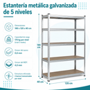 Estantería Metálica Galvanizada de 5 Repisas Ajustables (180x120x40cm). Estante Organizador de Acero con Capacidad de 175Kg por Nivel.