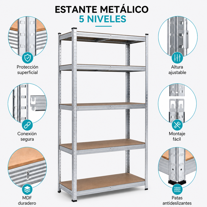 Estantería Metálica Galvanizada de 5 Repisas Ajustables (180x120x40cm). Estante Organizador de Acero con Capacidad de 175Kg por Nivel.