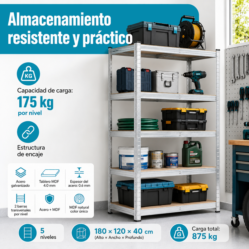 Estantería Metálica Galvanizada de 5 Repisas Ajustables (180x120x40cm). Estante Organizador de Acero con Capacidad de 175Kg por Nivel.