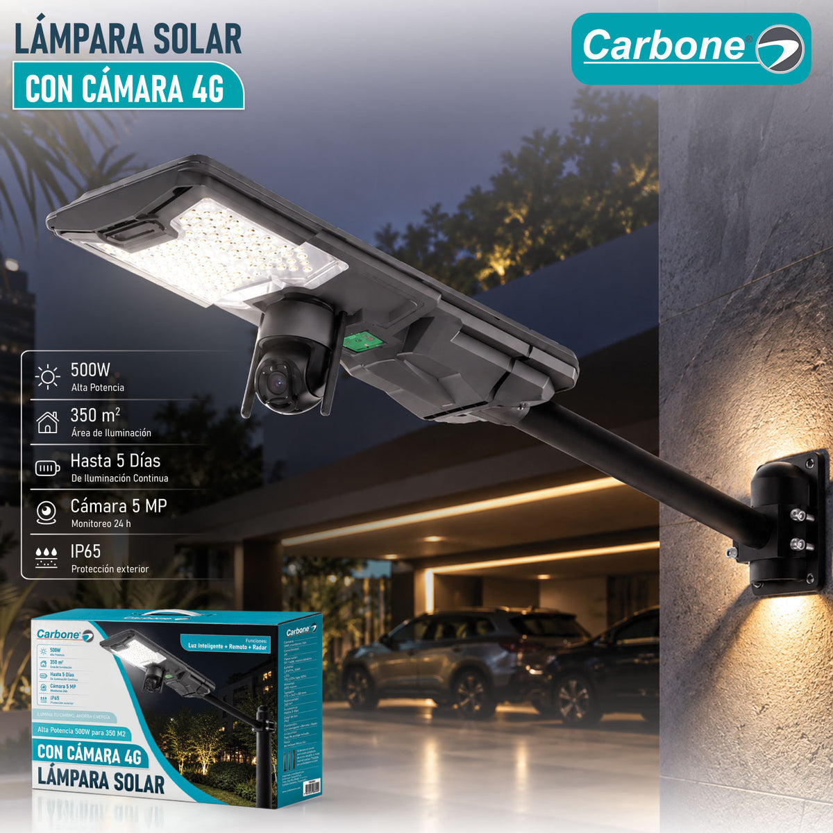 Lámpara Solar LED Exterior de 500W Con Cámara 4G 5MP Monitoreo 24H Control Remoto, Sensor y Radar IP65 . Autonomía 5 días. Cobertura 350m² (No incluye Micro SD)