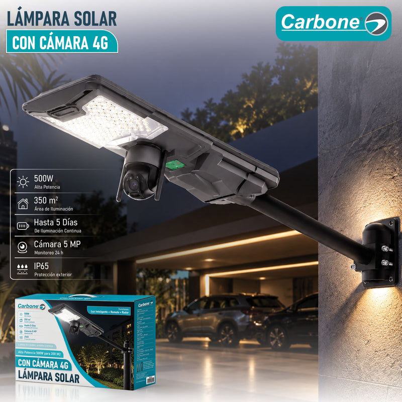 Lámpara Solar LED Exterior de 500W Con Cámara 4G 5MP Monitoreo 24H Control Remoto, Sensor y Radar IP65 . Autonomía 5 días. Cobertura 350m² (No incluye Micro SD)