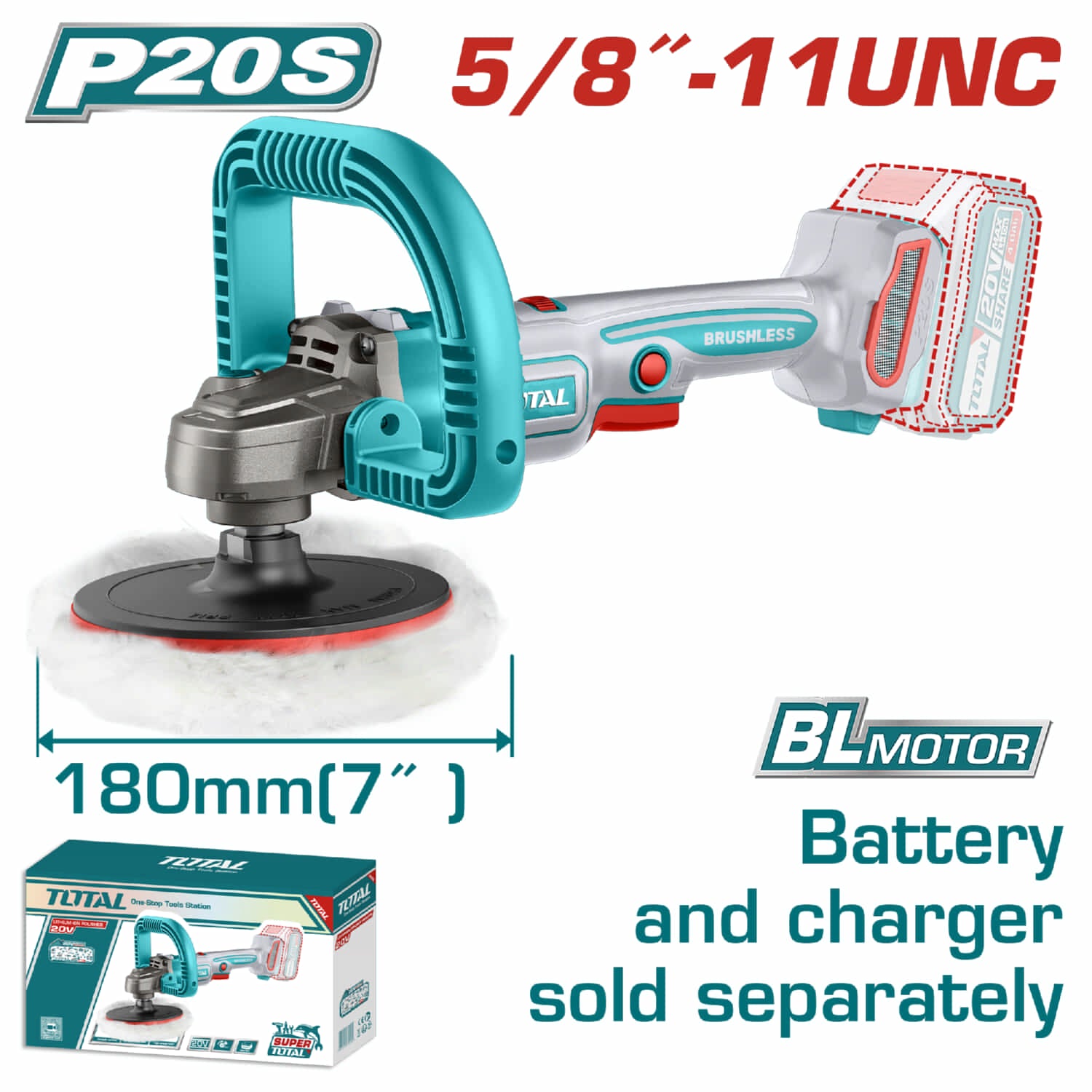 Pulidora de felpa 5/8"-11UNC  inalámbrica de 180mm (7"). Vel. 400-2500 rpm. No incluye batería ni cargador.