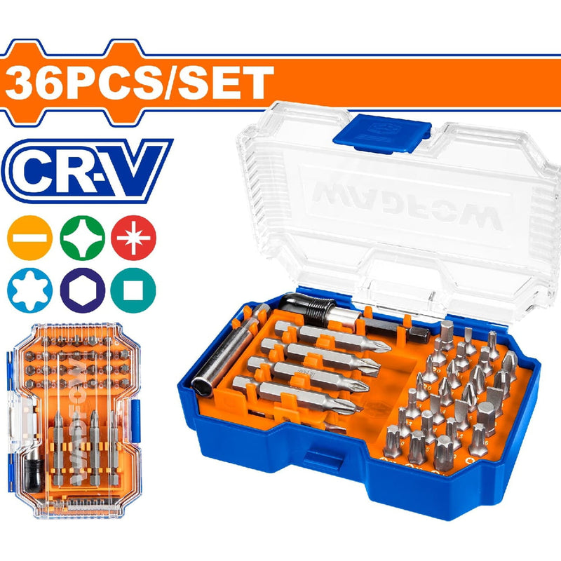 Puntas destornillador 25mm. Cr-V. Brocas: H1,S1,T10,PZ0,PH0. Brocas de 50 mm y 2 soportes. Juego de 36 piezas.