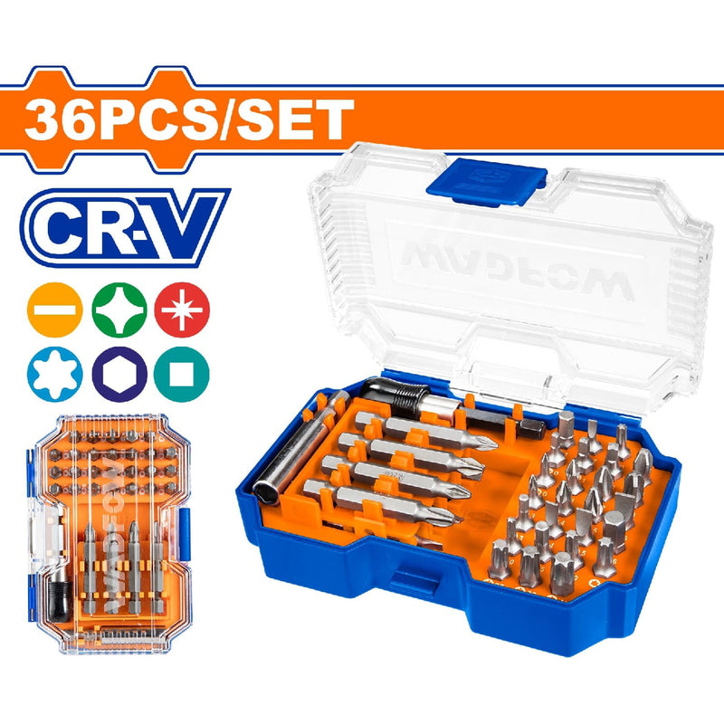 Puntas destornillador 25mm. Cr-V. Brocas: H1,S1,T10,PZ0,PH0. Brocas de 50 mm y 2 soportes. Juego de 36 piezas.