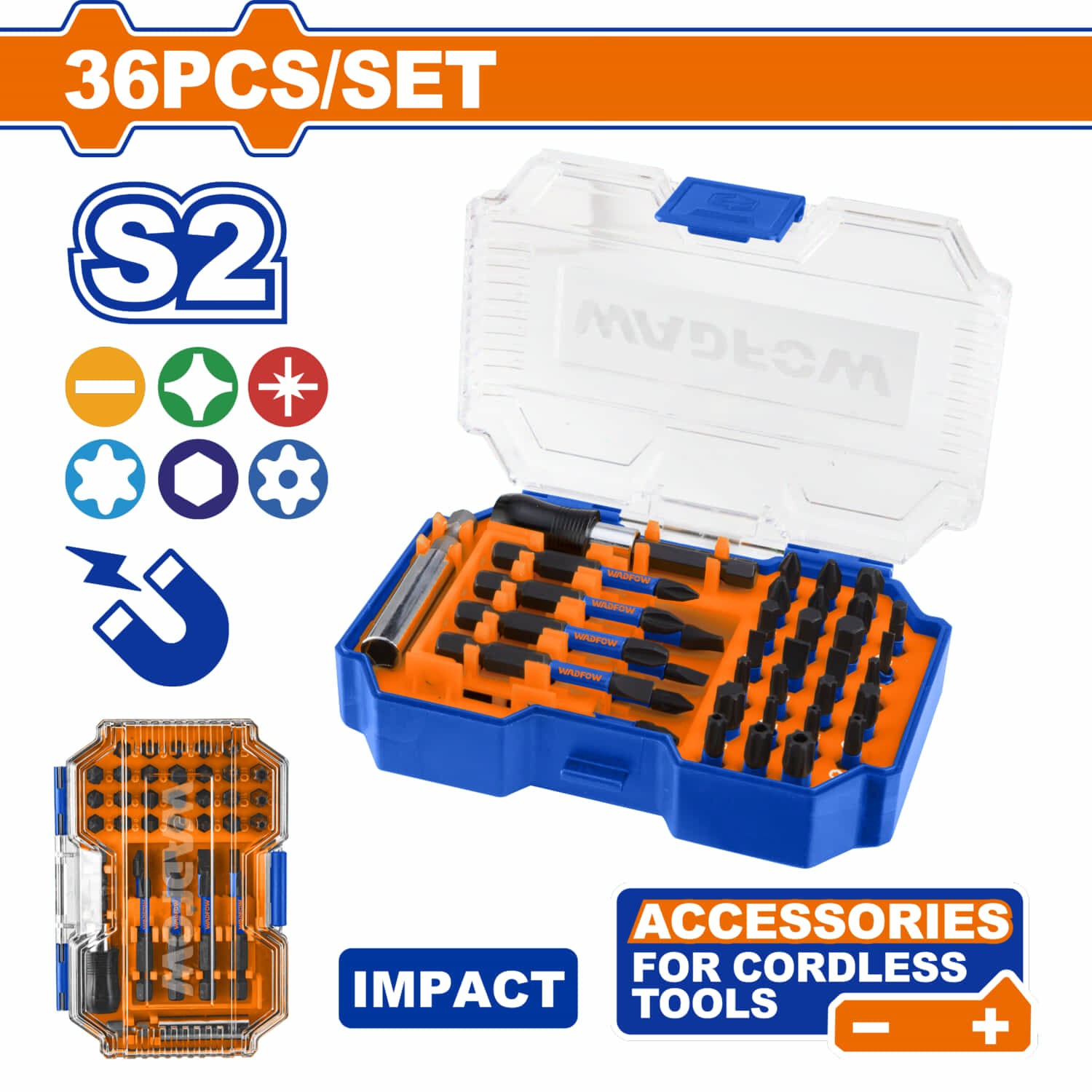 Puntas destornillador 25mm PH PZ SL H T. Puntas de Impacto 50mm PH PZ SL y portapuntas. Set de 36 piezas.