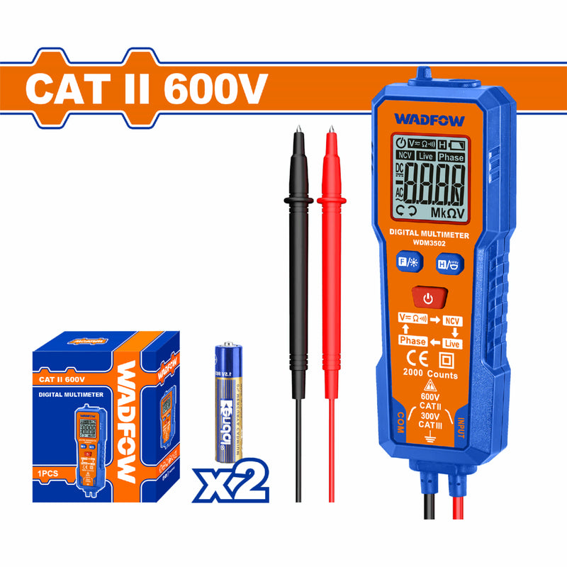 Multímetro Digital 2000 dígitos. CAT II 600V. Función inteligente. Rango automático. Apagado automático. Resistencia: 20MΩ