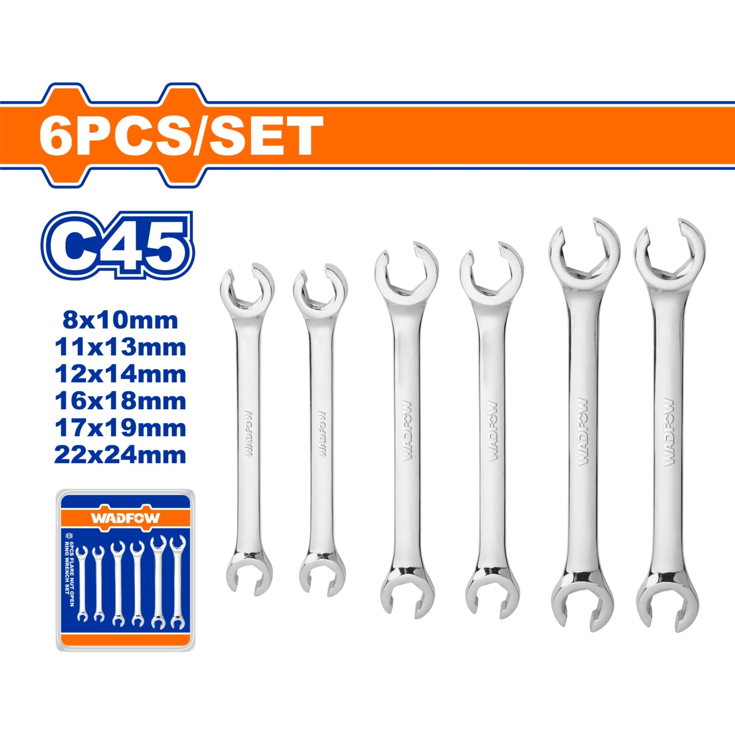 Llaves Hexagonales dobles abiertas. Set de 6 pzas. Tamaños: 8-24mm. Acero al carbono #45. Pulido.