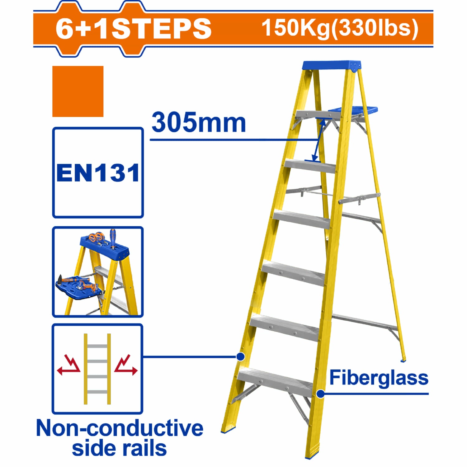 Escalera de fibra de vidrio 7 escalones. Altura de paso: 305mm. Norma EN131 Carga máxima: 150Kg Rieles laterales aislantes. Escalera de tijera
