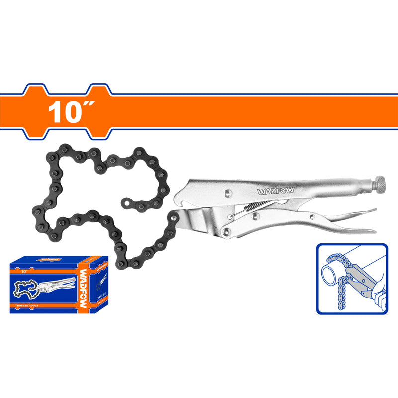 Alicate de presión con cadena 10" Acero al carbono. Tamaño de la cadena: 18.5" Niquelado. Pinza