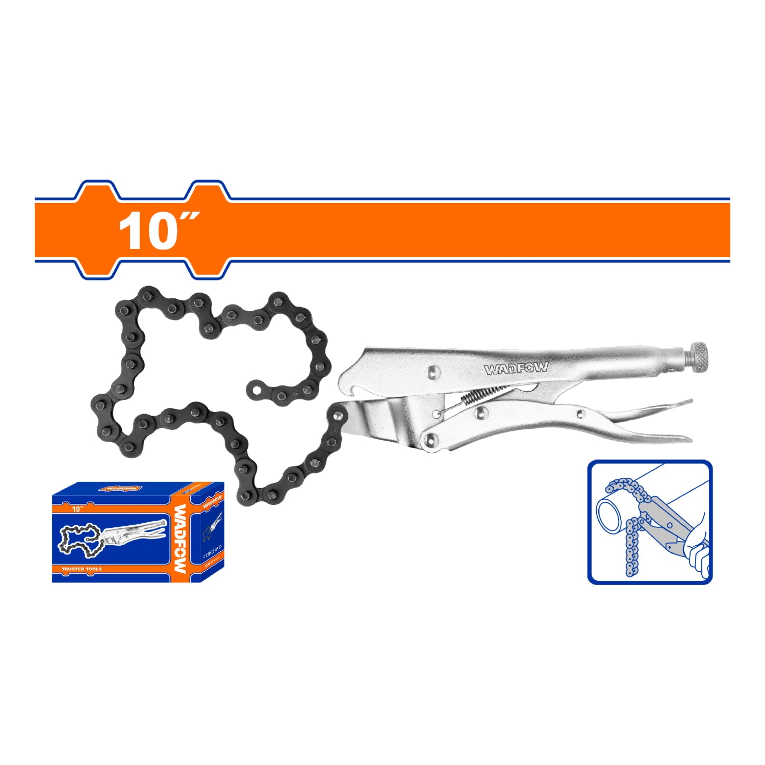 Alicate de presión con cadena 10" Acero al carbono. Tamaño de la cadena: 18.5" Niquelado. Pinza