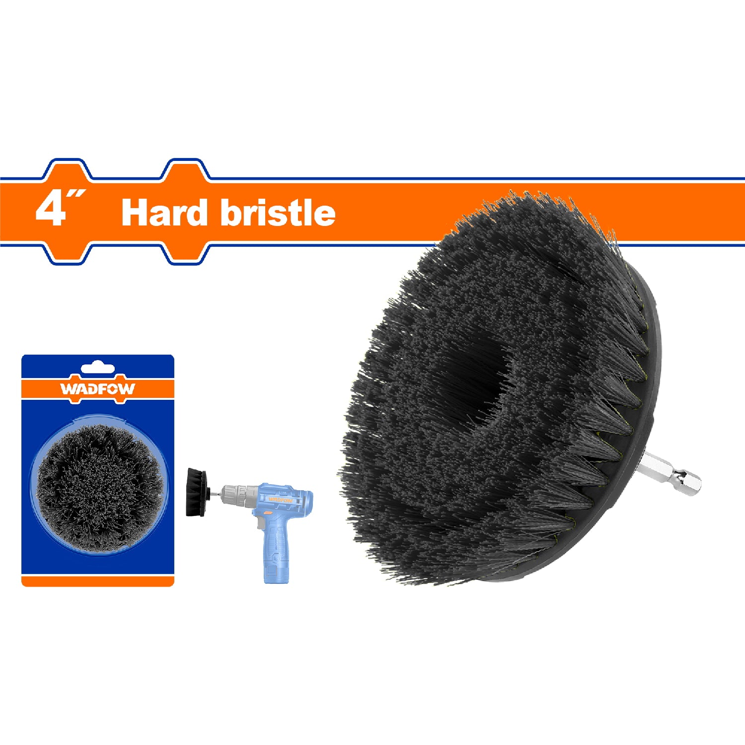 Cepillo de cerdas duras 4" Ideal: Mampostería, hormigón, metal. Vástago 1/4" hexagonal.