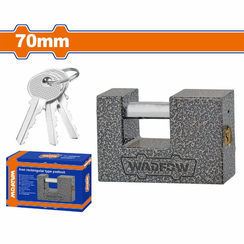 Candado de hierro rectangular 70mm con 3 llaves. Larga vida útil.