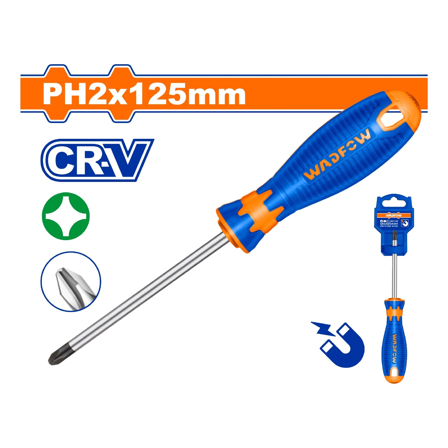 Destornillador Phillips 6x125mm Tipo de punta: PH2 Vástago Redondo. Cr-V Magnético.
