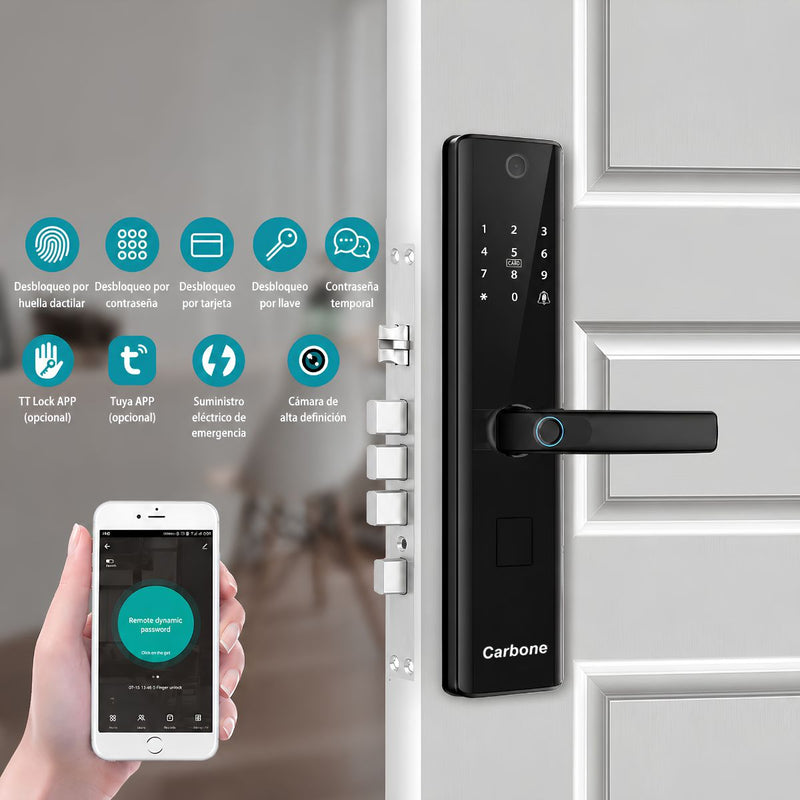 Cerradura Inteligente Digital Cerrojo Smart Lock 6 en 1 Llave Huella contraseña Bluetooth Camara app fácil de instalar