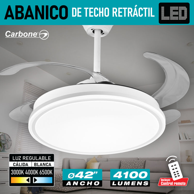 Abanico De Techo Con Lámpara. 3 tonos de luz. 42" Ventilador a control remoto. Fan 110v Color blanco
