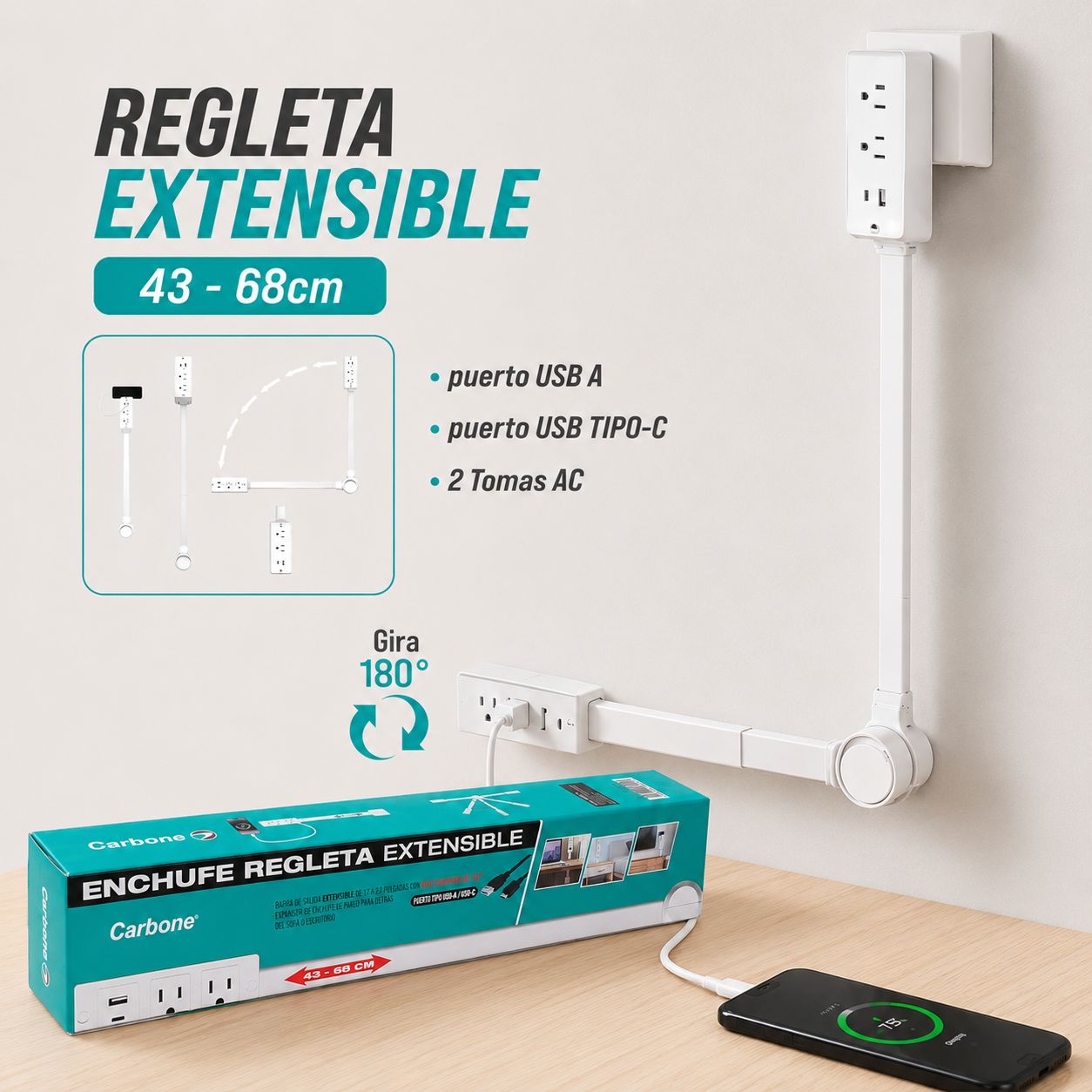 Enchufe regleta extensible de 43 a 68 cm. Con puerto USB y Tipo-C.
