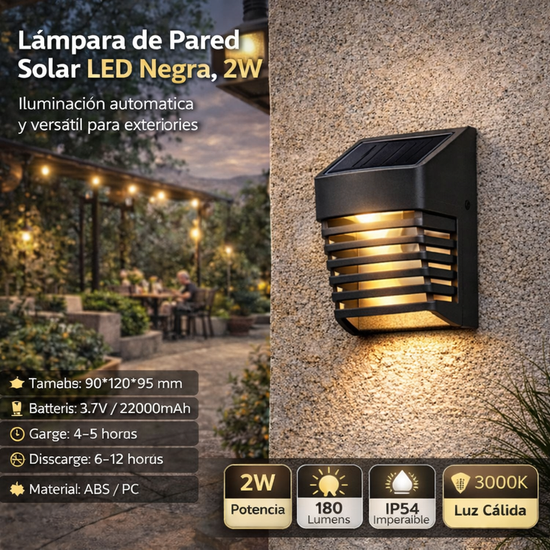 Lámpara de Pared Solar LED para Jardín 2W 3000K 180lm, para Exteriores. Luces para Terraza.