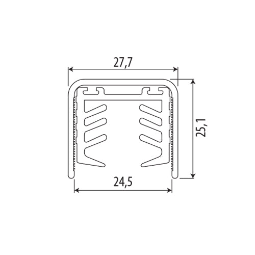 U channel de aluminio con goma, 5.8m de largo, 2.51 alto, ancho Externo: 2.27 cm; Interno: 2.45 cm