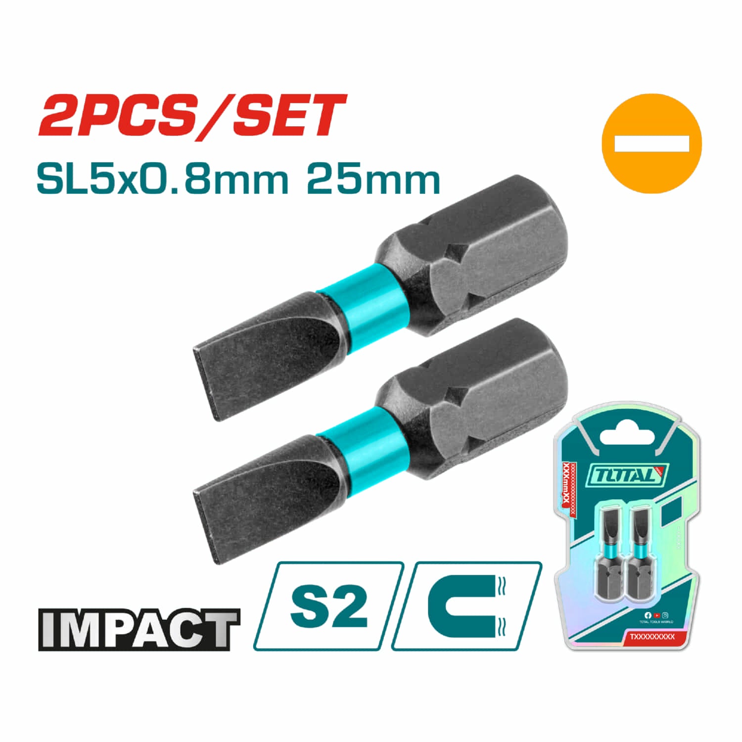 Puntas de Destornillador de Impacto SL5 25mm S2 Set de 2 pzas. Magnético. Tipo Plano.