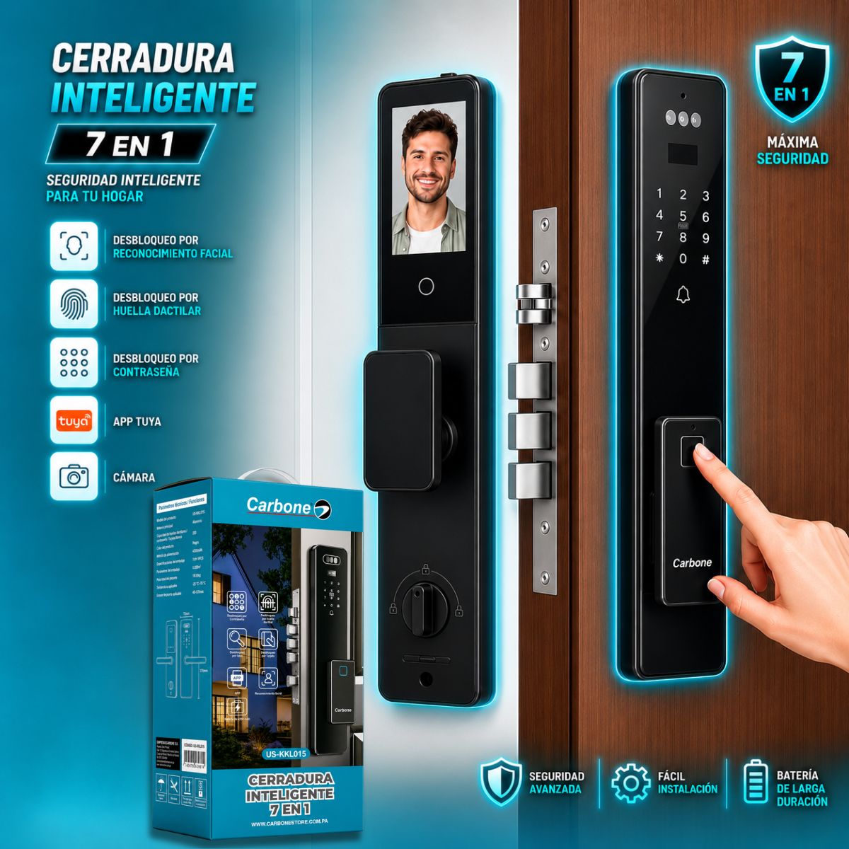 Cerradura de puerta inteligente con reconocimiento facial 3D Smart Lock de seguridad 7 en 1 Video Huella contraseña app wifi fácil de instalar