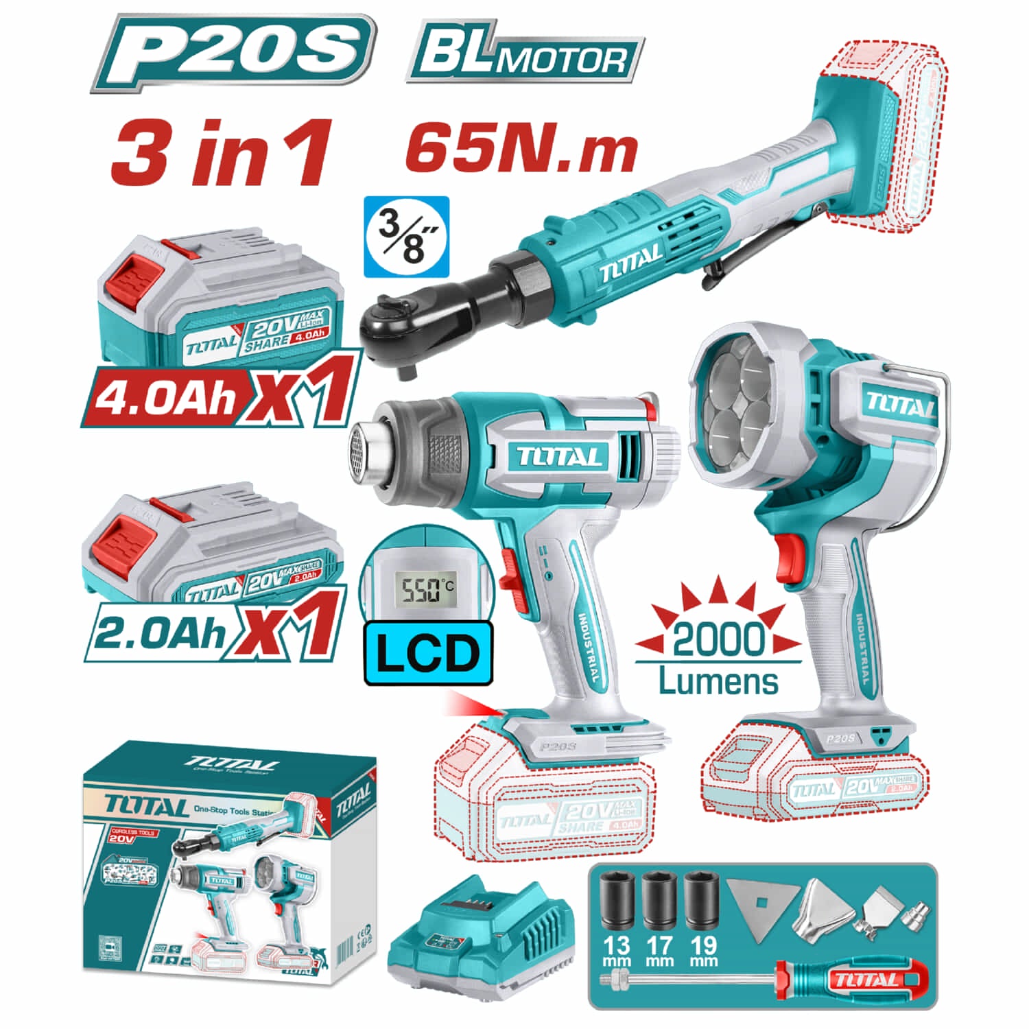 Combo del mes Total Inalámbrico. Rachet 3/8" 65Nm, pistola de calor 30-550°C y lampara de trabajo 22.5W 2000 lúmenes. Incluye cargador y baterías. POCAS UNIDADES.