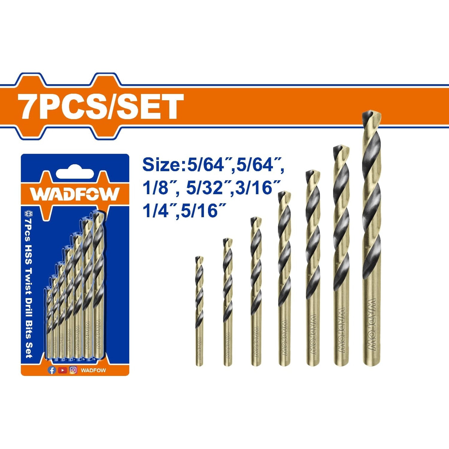 Brocas HSS para Metal 5/64",5/64",1/8", 5/32",3/16",1/4",5/16". Set de 7 piezas.