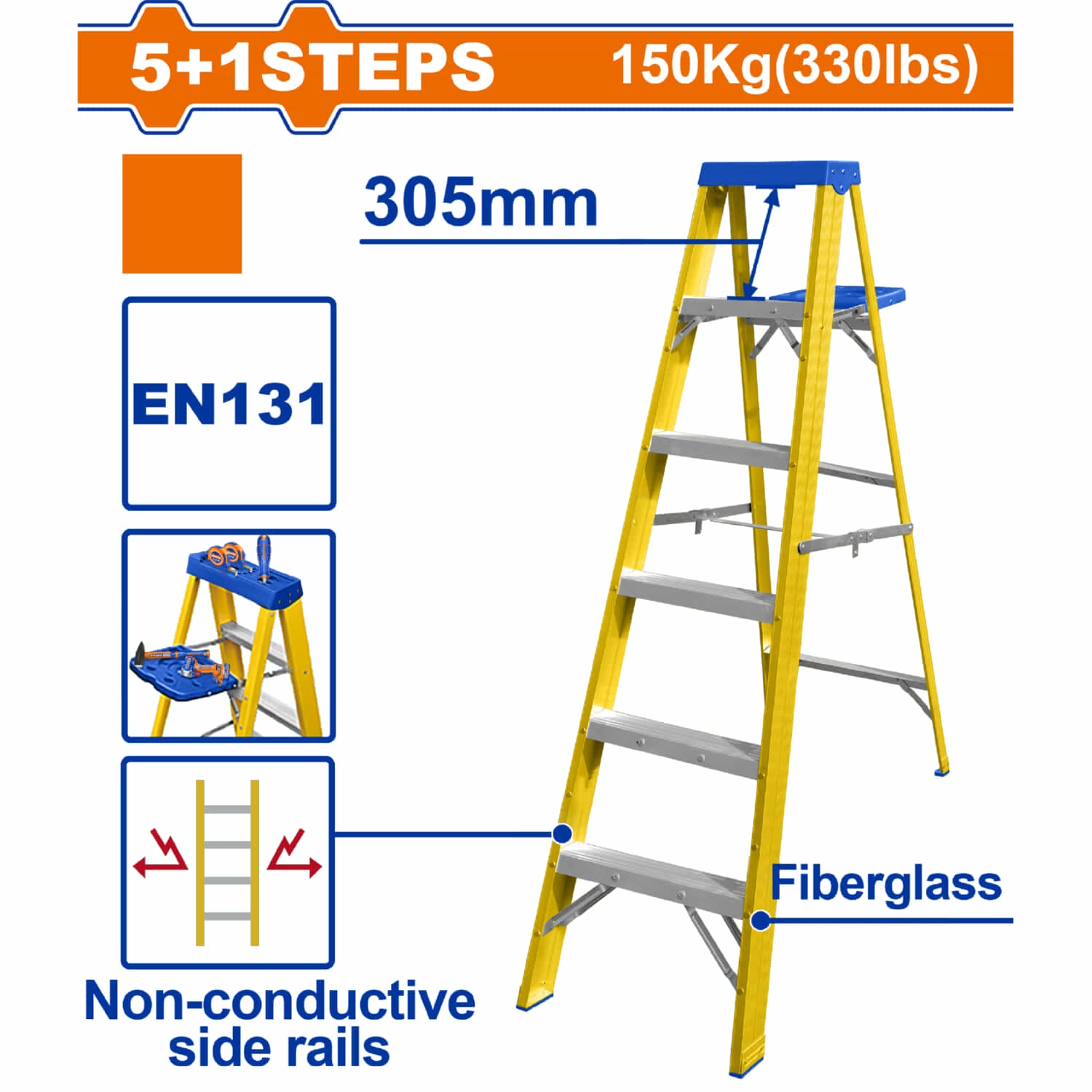 Escalera de fibra de vidrio 6 escalones. Altura de paso: 305mm. Norma EN131 Carga máxima: 150Kg Rieles laterales aislantes. Escalera de tijera