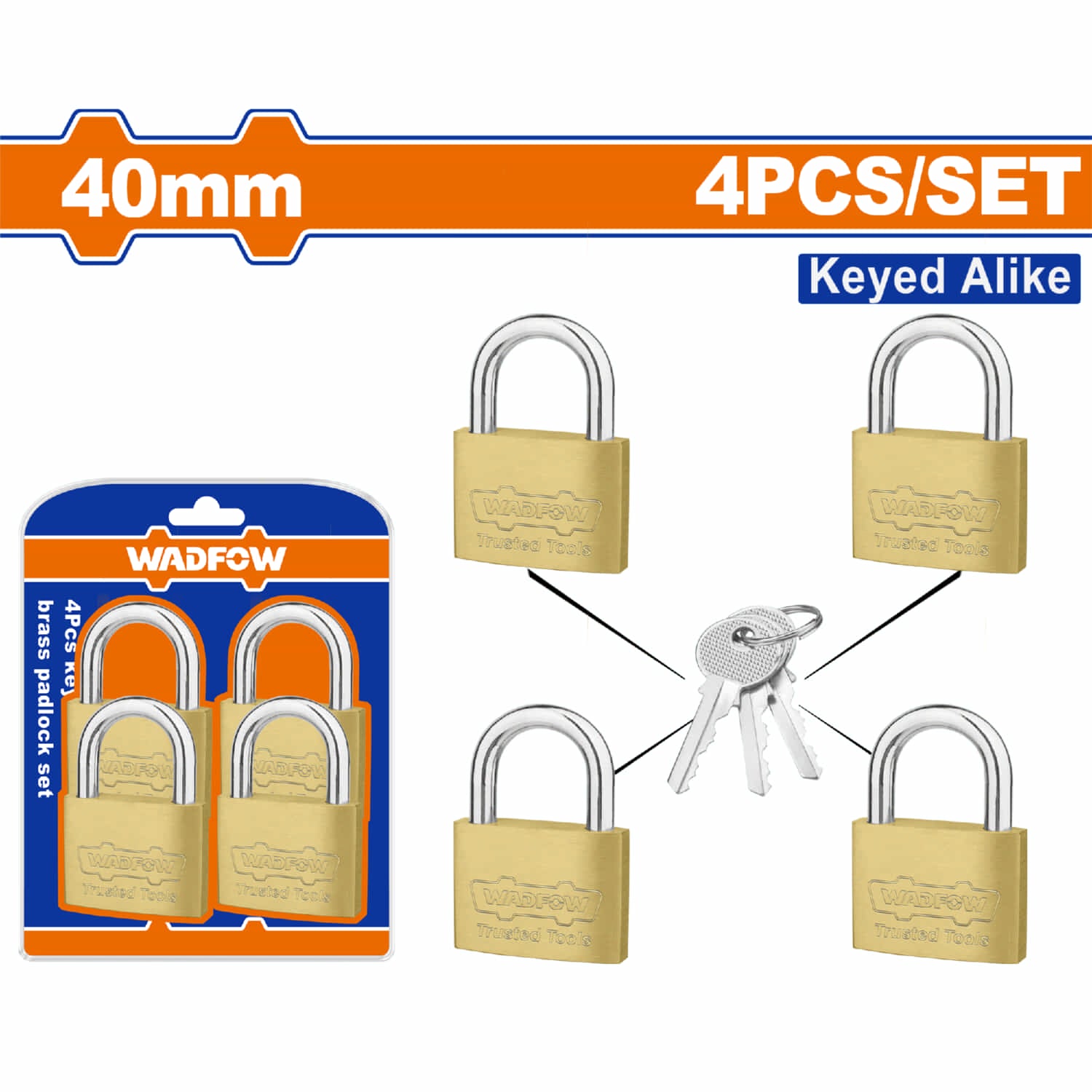 Candados de latón de 40mm con juego de llaves. Incluye 4 candados y un juego de 4 llaves único.