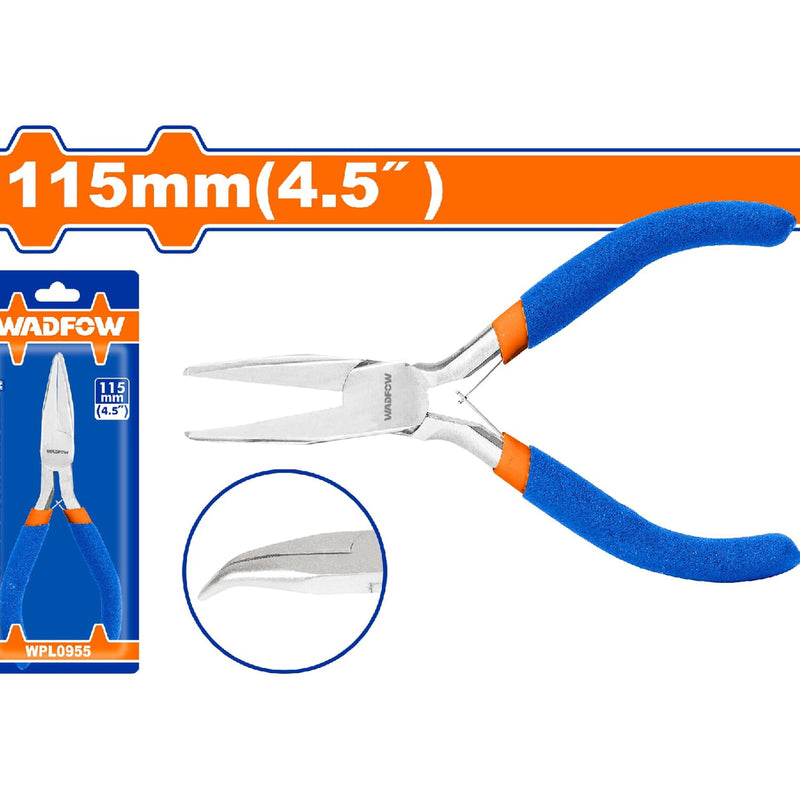 Mini Alicate punta doblada 115mm(4.5") Pulido y antióxido. Con mango de plástico.