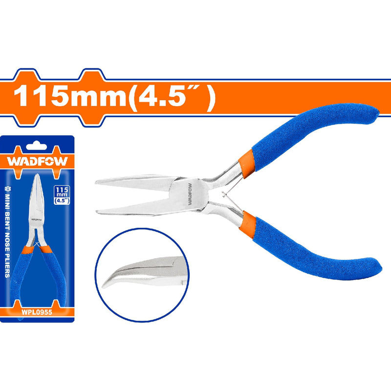 Mini Alicate punta doblada 115mm(4.5") Pulido y antióxido. Con mango de plástico.