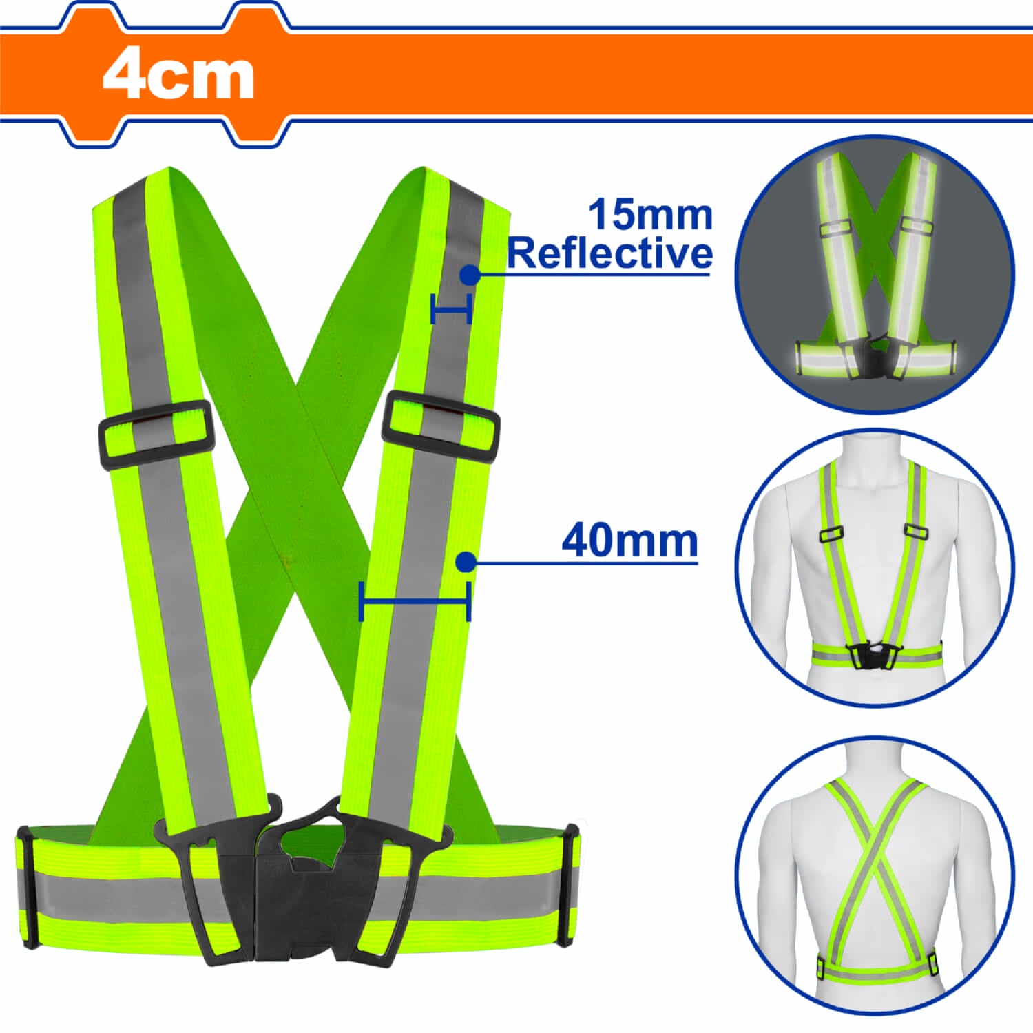 Cinta Reflectiva de Seguridad 4cm Amarillo Fluorescente. Alta visibilidad. Hebillas ajustables.