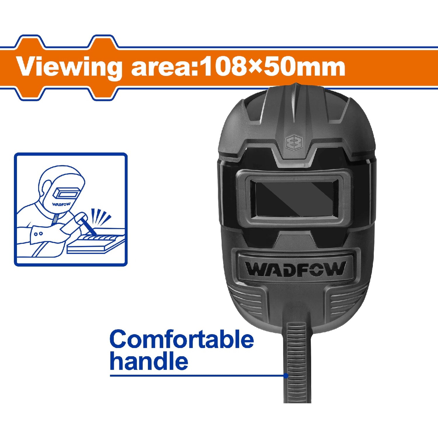 Máscara de soldadura. Area de visión 108x50mm. Mango cómodo para soldar