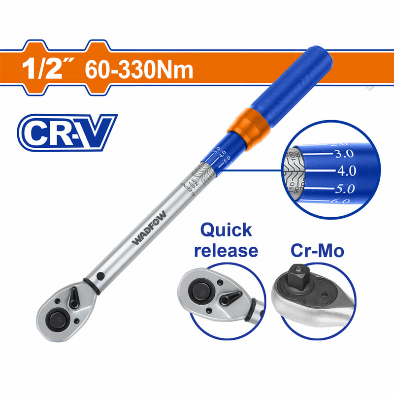 Torquímetro 1/2" 60-330N.M Cr-V. Liberación rápida. Cr-Mo. Long: 565mm. Tolerancia de torque: ±4%