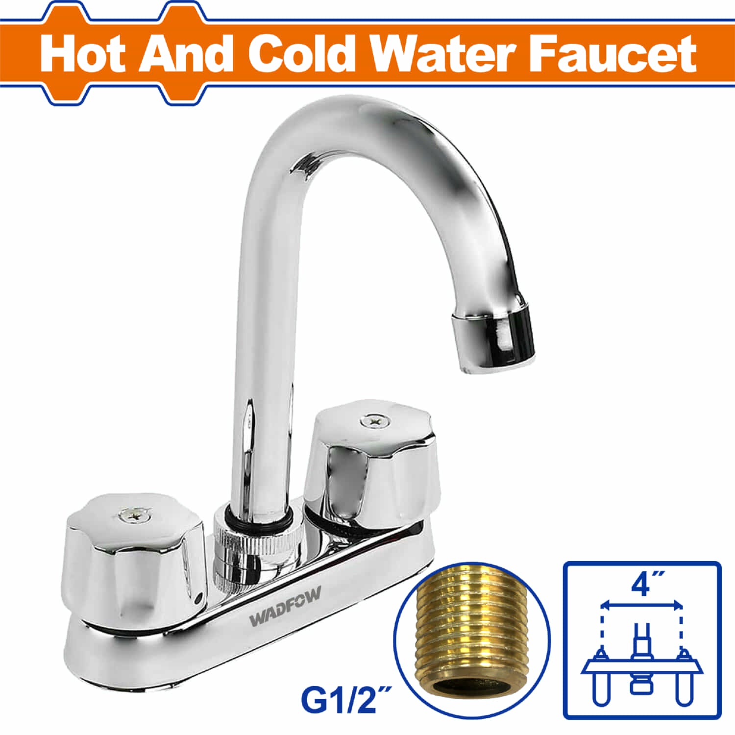 Llave de Fregador de 4" con modo agua fría y caliente. Cuerpo de latón + mango de plástico