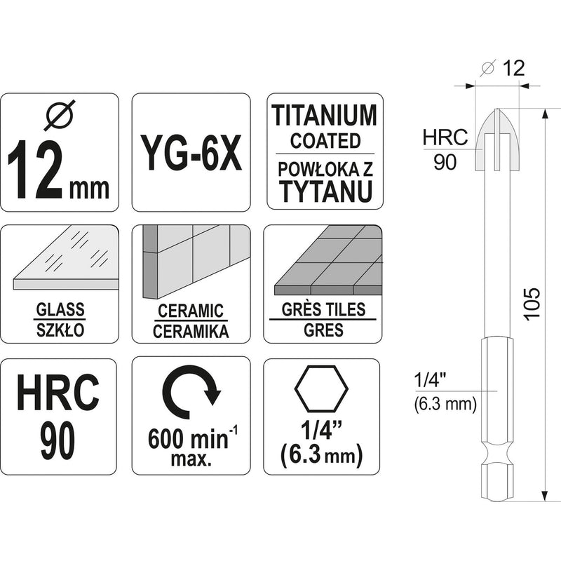 Broca punta flecha para vidrio y porcelanatos 12mm