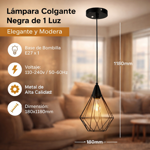 Lámpara Colgante Negra 1XE27, Metal De Alta Calidad 190X1260mm