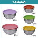 Tazones bowl De Acero Inoxidable Con Tapa. Multifuncionales Colores surtidos. (Set de 5piezas) Tamaños 18-26cm  Bowl de cocina. Base antideslizante