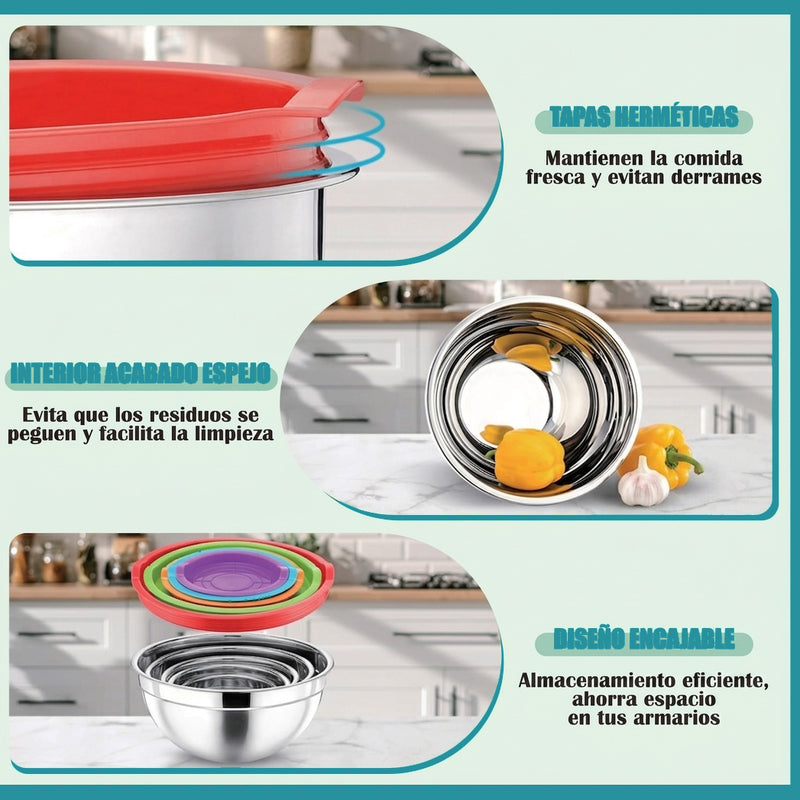 Tazones bowl De Acero Inoxidable Con Tapa. Multifuncionales Colores surtidos. (Set de 5piezas) Tamaños 18-26cm  Bowl de cocina. Base antideslizante