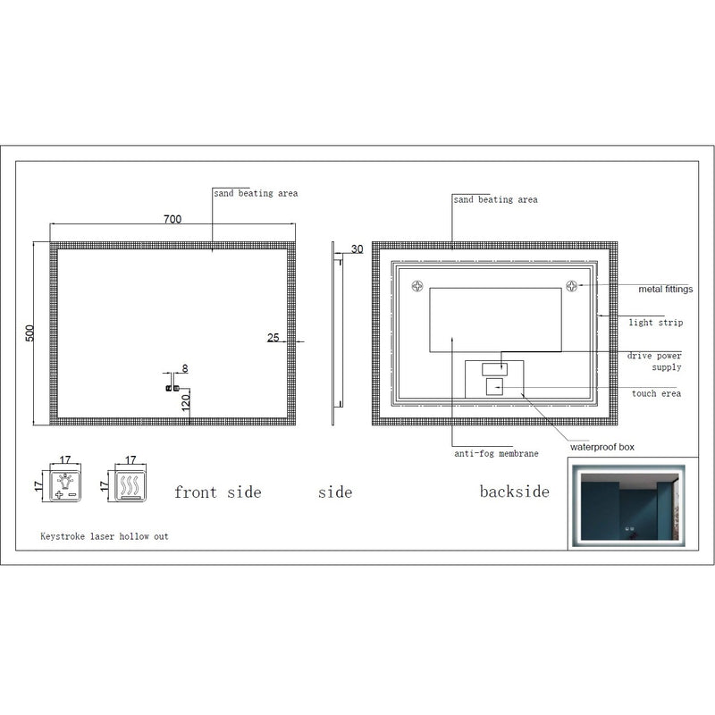 Espejo rectangular con luz led y sistema antiempañante (Alto 50 cm x Largo 70 cm) baño