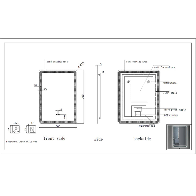 Espejo baño rectangular con luz led y sistema antiempañante (Alto 70 cm x Largo 50 cm)