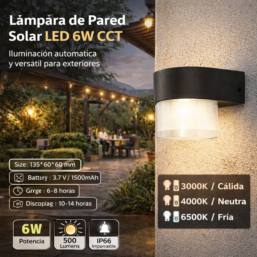 Lámpara de Pared Solar LED Minimalista 6W CCT Negra 3000K-6500K . Luminaria de Pared.